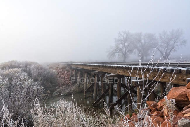 Vista panorámica de las vías férreas cubiertas de heladas, Colorado, América, EE.UU. - foto de stock