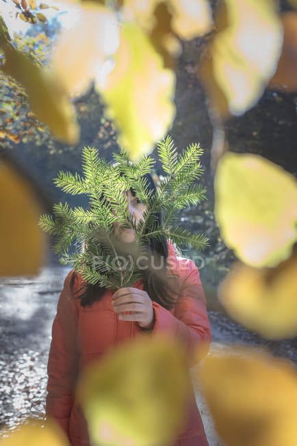 Woman holding fir tree branch in front of face outdoors — Stock Photo
