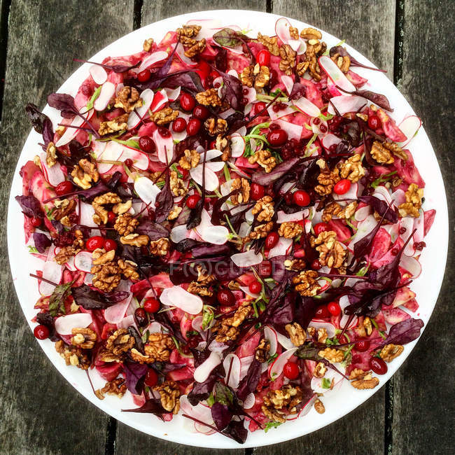 Insalata di noci, ravanello e ribes rosso sul piatto bianco sul tavolo di legno — Foto stock