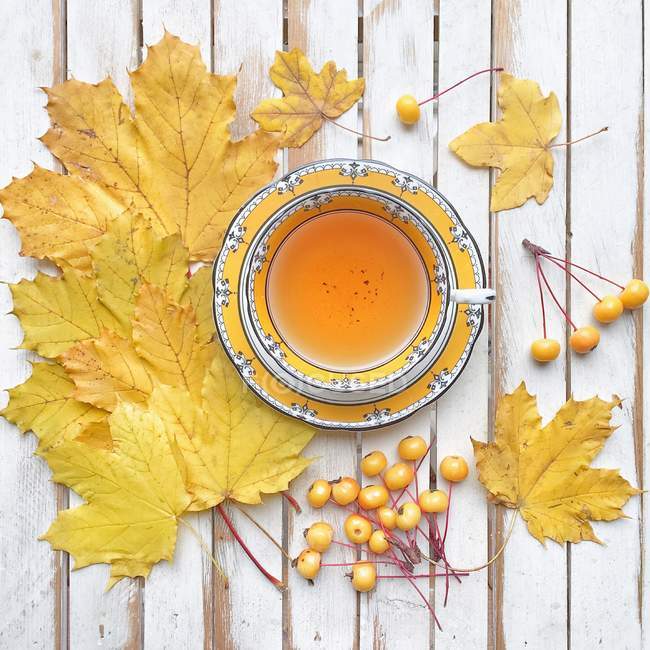 Чашка чаю в оточенні кленових листя і крабових яблук на дерев'яному столі — стокове фото