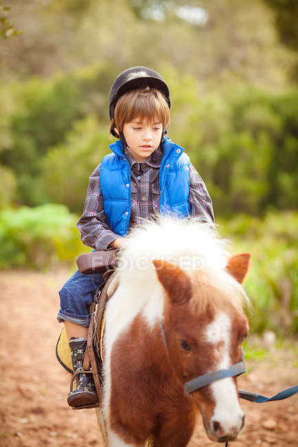 Portrait d'un garçon chevauchant un cheval de poney dans la nature — Photo de stock