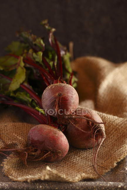 Fresh beets placed on old bag — Stock Photo