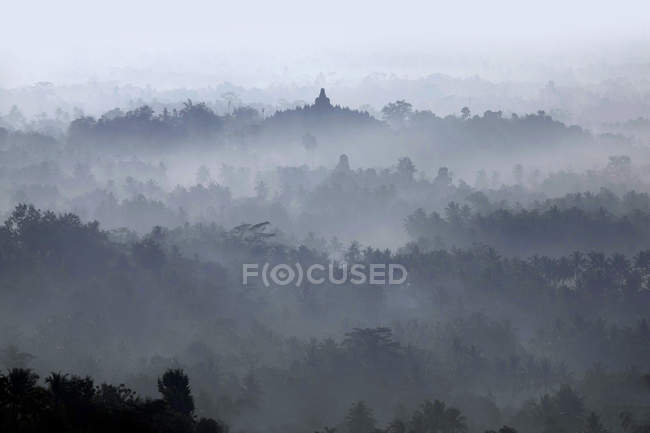 Indonesia, Central Java, scenic view of morning fog in Borobudur Temple — Stock Photo