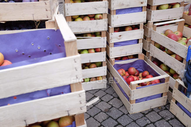 Kisten mit frischen Äpfeln gestapelt auf dem Markt — Stockfoto