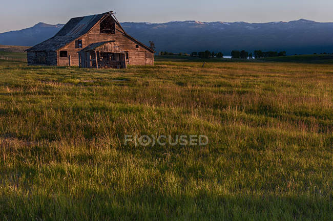 Vista panorâmica de Old Barn at Sunset, Cascade, Valley County, Idaho, EUA — Fotografia de Stock