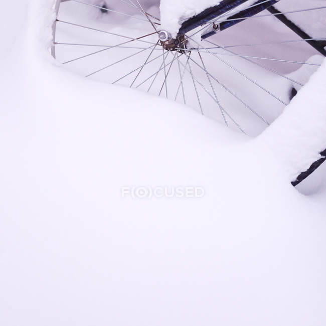 Велосипедное колесо покрыто свежим снегом — стоковое фото