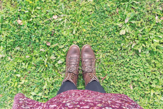 Unterteil einer Frau mit braunen Stiefeln, die auf Gras steht — Stockfoto