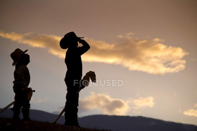 Silhueta de dois meninos com chapéus de cowboy e cavalos de brinquedo ao pôr do sol — Fotografia de Stock