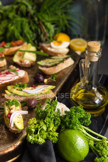 Food composition arrangement of bruschetta appetizers — Stock Photo