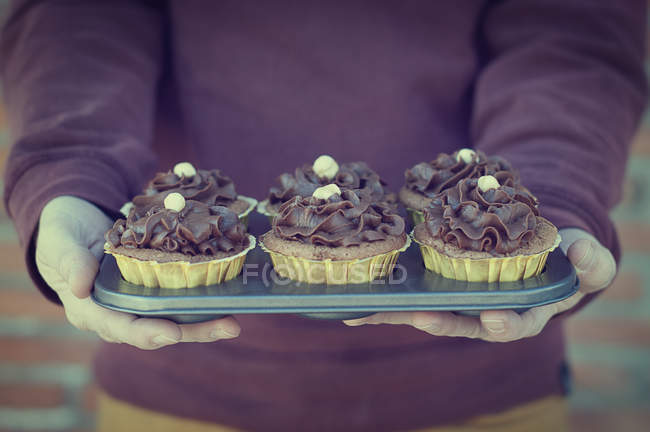 Immagine ritagliata di uomo che tiene vassoio di cupcake al cioccolato — Foto stock