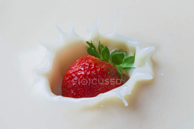 Gros plan des éclaboussures de fraises fraîches dans la crème — Photo de stock