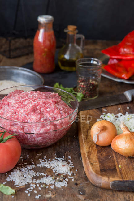 Rinderhackfleisch, Zwiebeln, Tomaten, Kräuter und Gewürze — Stockfoto