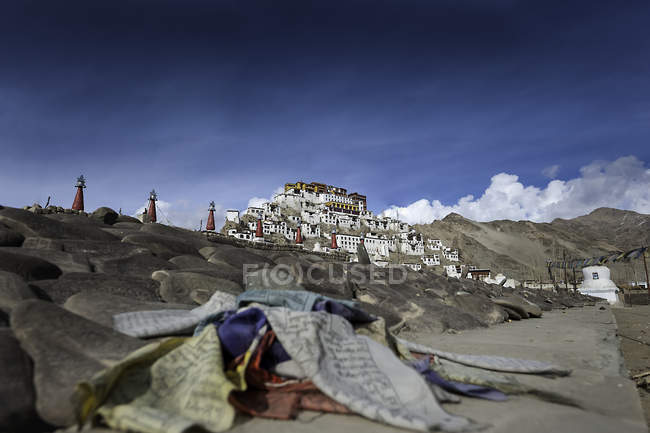 Vue panoramique sur les drapeaux de prière et le monastère de Thikshey, Leh, Jammu-et-Cachemire, Inde — Photo de stock