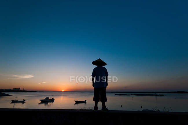 Silhueta de uma pessoa irreconhecível usando um chapéu tradicional, Okinawa, Japão — Fotografia de Stock