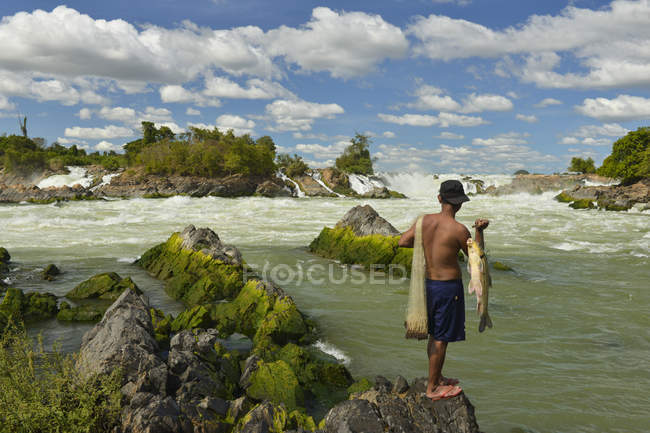 Uomo pesca su roccia, Khone Phapheng Falls, Laos — Foto stock