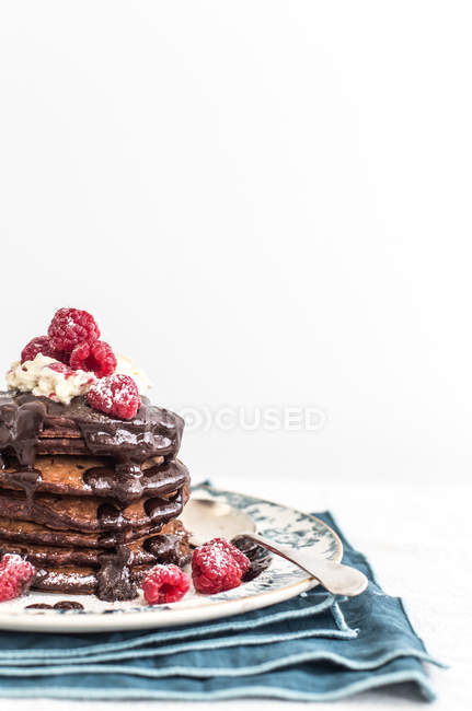 Stack of tasty chocolate pancakes, copy space — Stock Photo