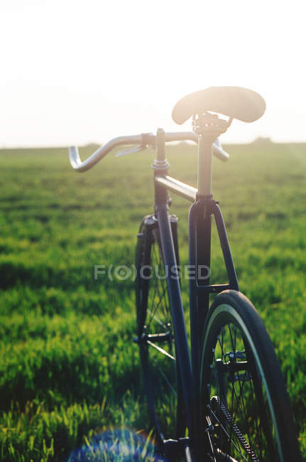Vista traseira da bicicleta no prado verde fresco — Fotografia de Stock
