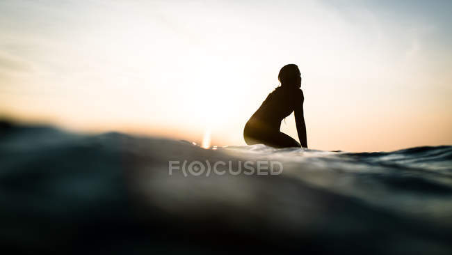 Silueta de una mujer sentada en la tabla de surf en el océano, Malibú, California, América, EE.UU. - foto de stock