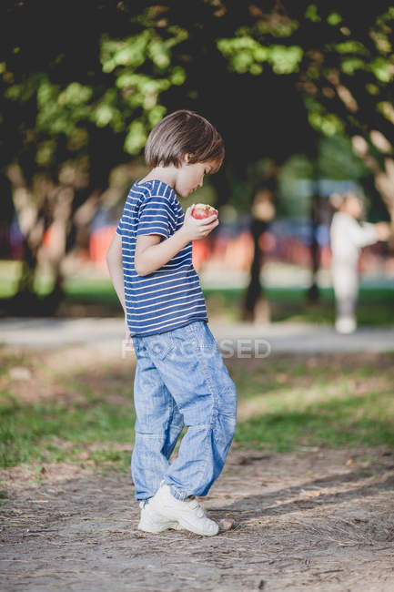 Niño de pie en el parque y comer manzana - foto de stock