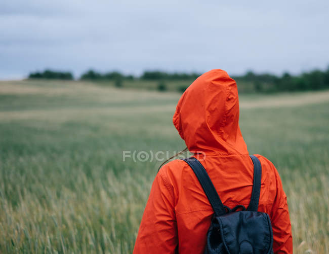 Rear view of woman in red raincoat standing in green field — Stock Photo