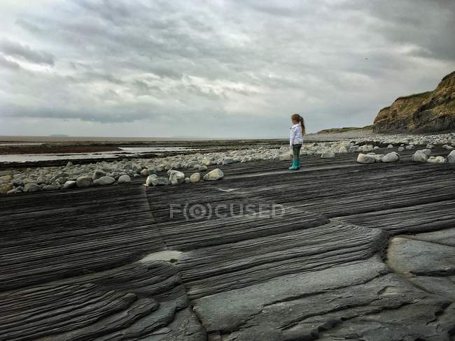 Девочка, стоящая на пляже, Килве, побережье Юрасика, Сомерсет, Англия, Великобритания — стоковое фото