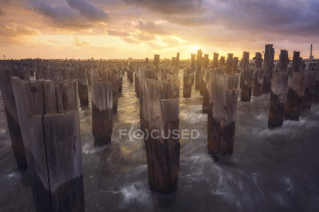 Waves breaking against wooden pier pilings at Melbourne, Victoria, Australia — Stock Photo