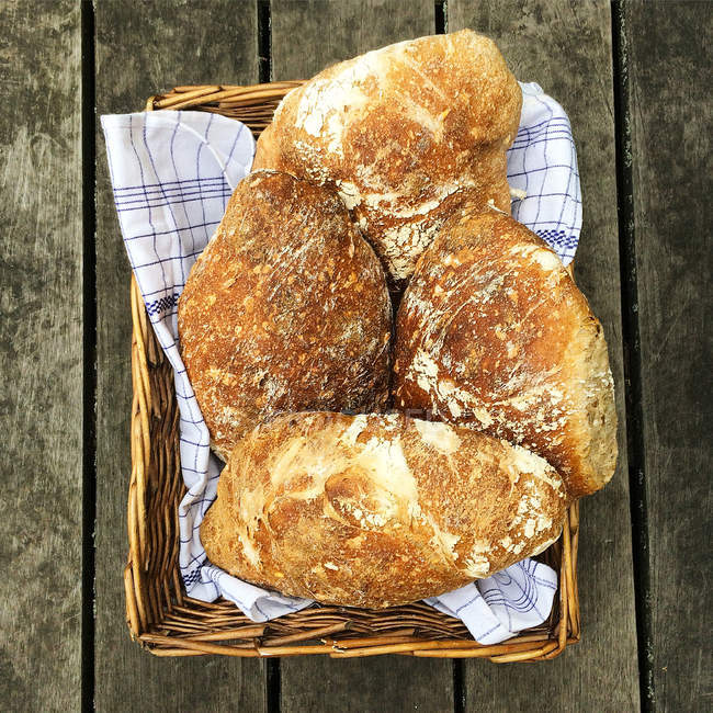 Loaves of bread in a basket, top view — Stock Photo