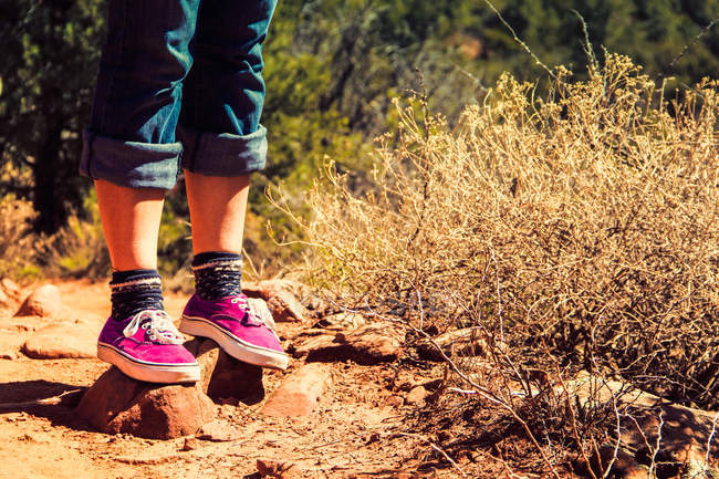 Immagine ritagliata di gambe donna in piedi su rocce nel deserto — Foto stock
