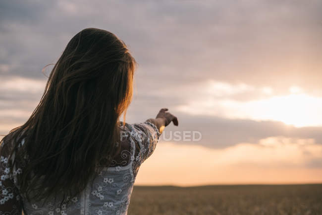 Visão traseira da mulher em pé no campo de trigo e apontando um pôr do sol — Fotografia de Stock