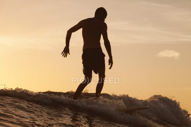 Silhouette eines Longboard-Surfers bei Sonnenuntergang, Kalifornien, Amerika, USA — Stockfoto