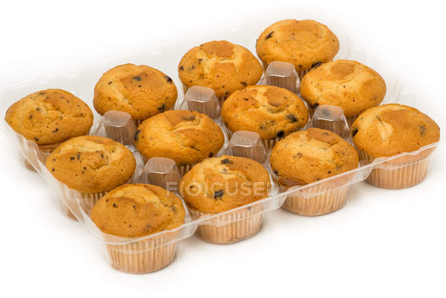 Tray of blueberry muffins on white background — Stock Photo