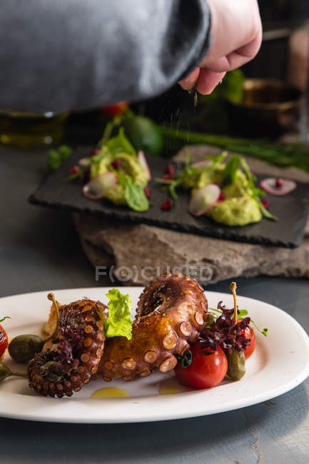 Fried octopus with tomatoes and caperberries on white plate — Stock Photo