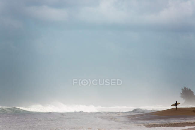 Серфер, стоячи на пляжі з дошки для серфінгу, Оаху, Гаваї, Америка, США — стокове фото