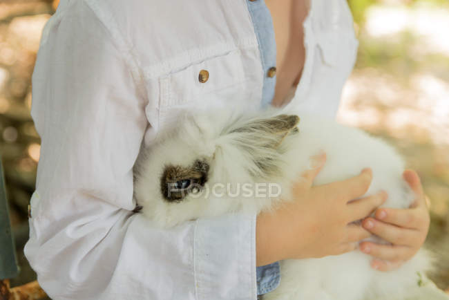 Imagen recortada de Niño sentado con conejo mascota esponjosa - foto de stock