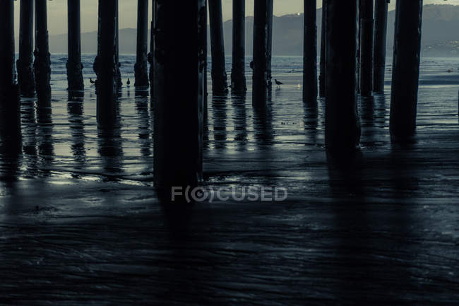 Posti in legno sotto il molo, Santa Monica, California, America, USA — Foto stock