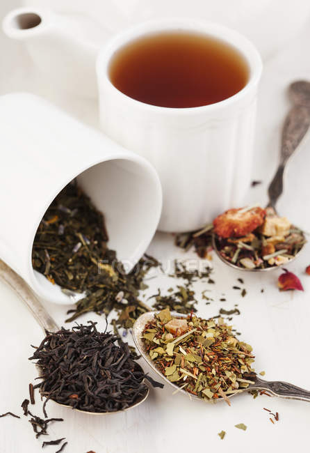 Différents types de feuilles de thé dans les cuillères et la tasse — Photo de stock