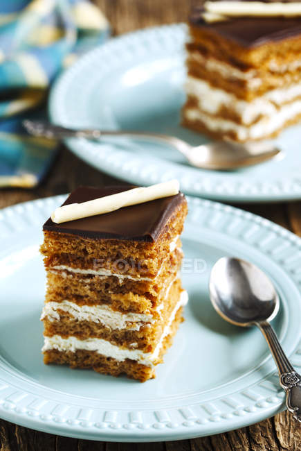 Piece of honey cake on plate, closeup — Stock Photo