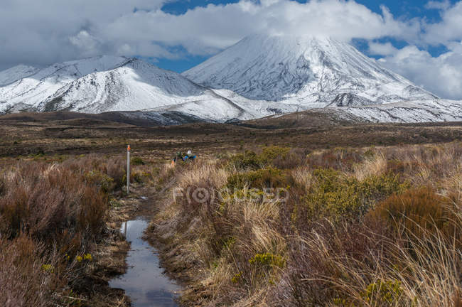 Man hiking trail towards Mount Ngauruhoe, Tongariro National Park, New Zealand — Stock Photo
