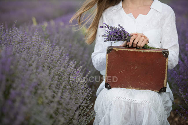 Обрезанное изображение женщины, сидящей на лавандовом поле с чемоданом — стоковое фото
