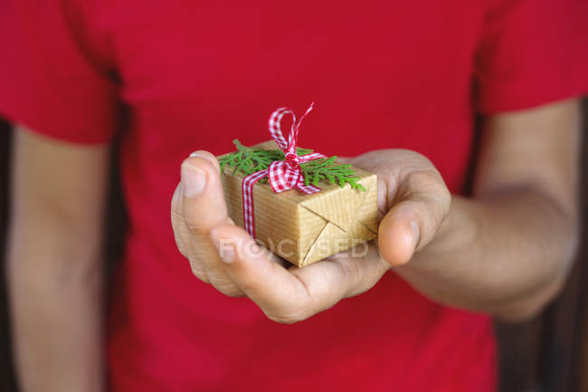 Крупним планом чоловік тримає обгорнутий різдвяний подарунок в руці — стокове фото