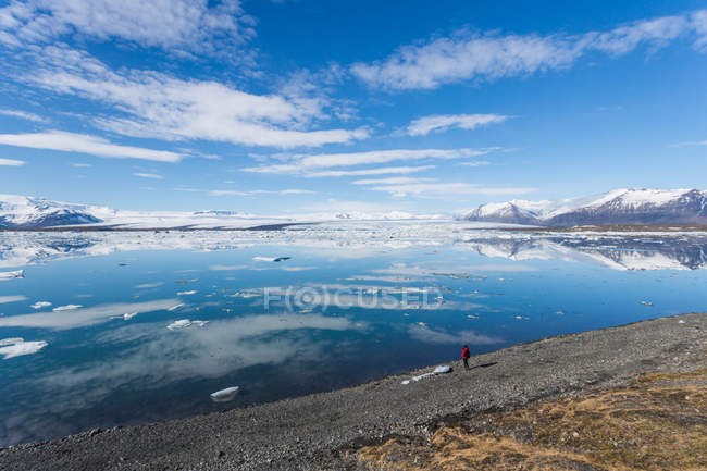 Islanda, Laguna di Jokulsarlon, Donna che guarda i ghiacciai — Foto stock