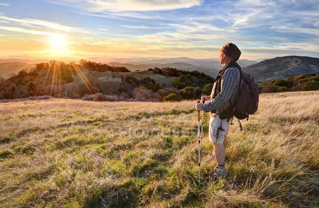 Man hiking and looking at view, Vulcan Mountain Wilderness Preserve, Califórnia, América, EUA — Fotografia de Stock