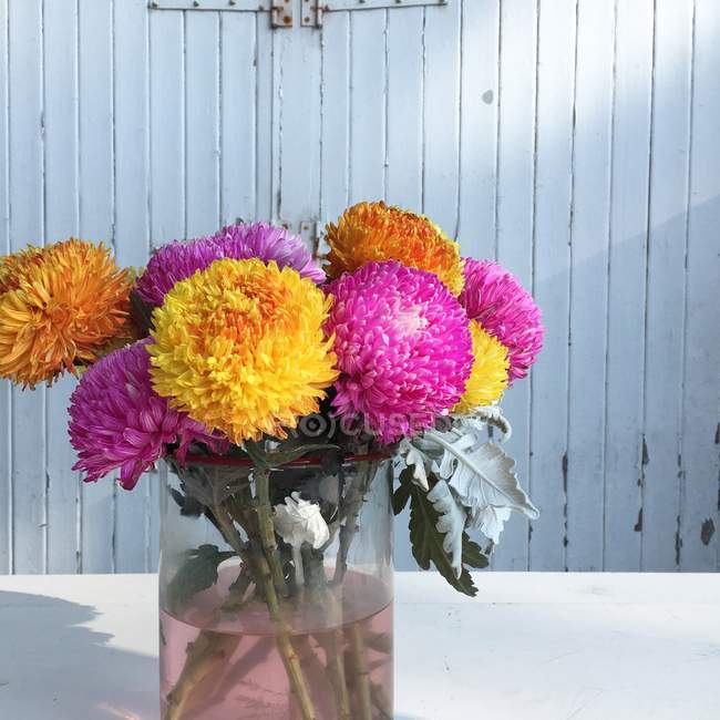 Ваза зі свіжими вирізаними різнокольоровими квітами — стокове фото