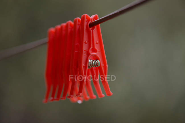 Clothes pegs hanging on washing line, blurred background — Stock Photo