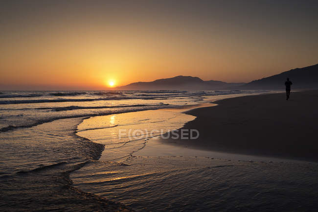 Силуэт бегуна на закате, пляж Лос-Лансес, Фауфа, Андалусия, Испания — стоковое фото