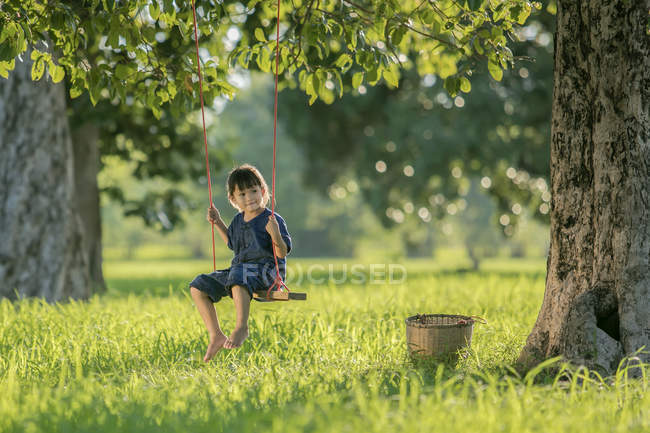 Дівчина сидить на гойдалці на лузі між деревами — стокове фото