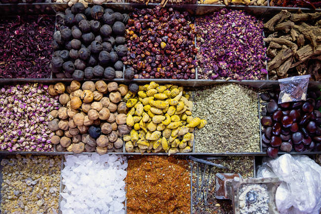 Overhead view of different spices at market — Stock Photo