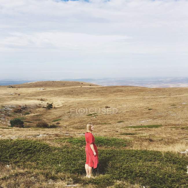 Rückansicht einer jungen Frau im Kleid beim Blick auf die Landschaft — Stockfoto