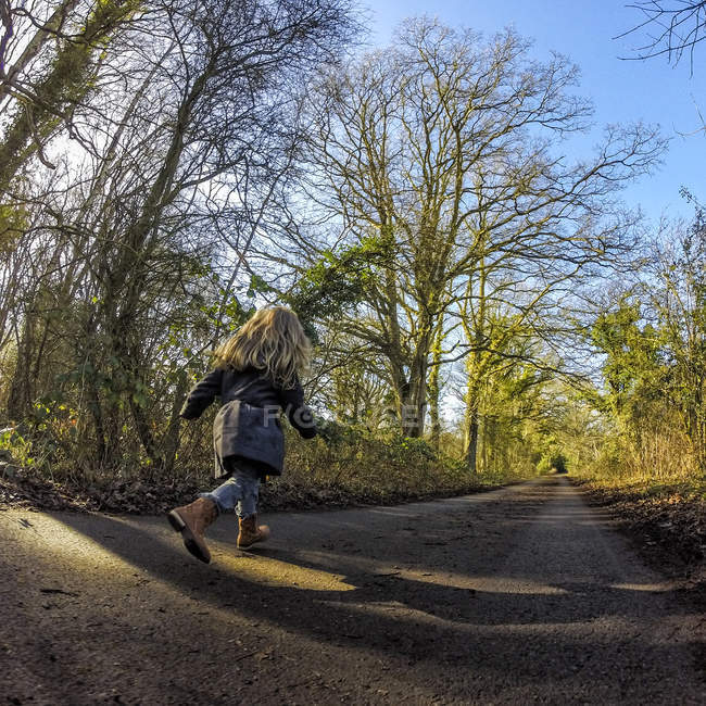 Вид сзади на девушку, бегущую по проселочной дороге — стоковое фото