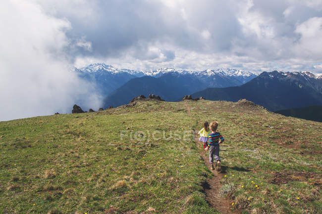 Vista trasera de dos niños corriendo a través de montañas brumosas - foto de stock